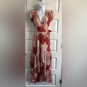 BLUE RAIN Pink and Red Patchwork High-Low Wrap Dress XXS